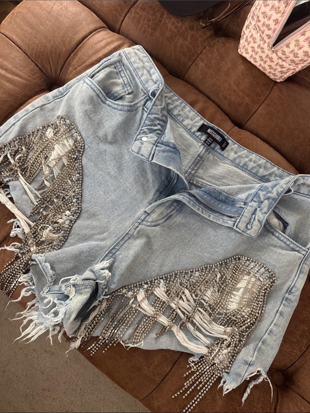 Missguided Light Blue Denim Crystal Fringe Jean Shorts